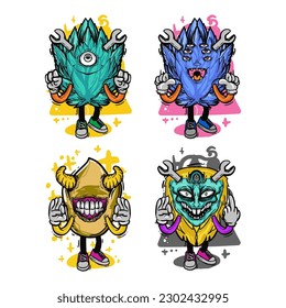 set of different isolated hand drawn colorful monster.