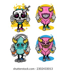 set of different isolated hand drawn colorful monster.