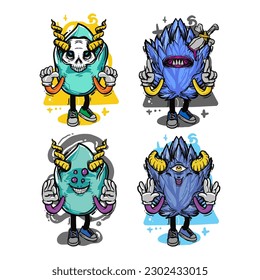 set of different isolated hand drawn colorful monster.