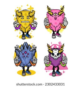 set of different isolated hand drawn colorful monster.