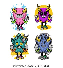 set of different isolated hand drawn colorful monster.