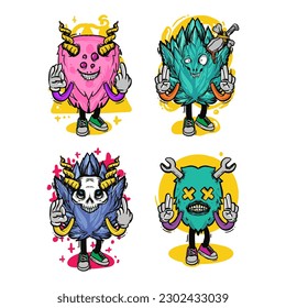 set of different isolated hand drawn colorful monster.