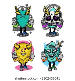set of different isolated hand drawn colorful monster.