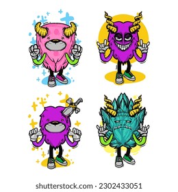 set of different isolated hand drawn colorful monster.