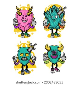 set of different isolated hand drawn colorful monster.