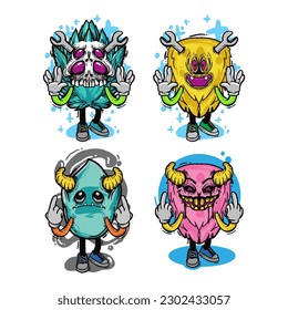 set of different isolated hand drawn colorful monster.
