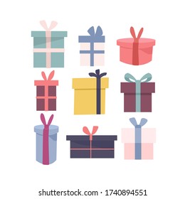 Set of different isolated icons of wrapped colored gift boxes in different shape. Birthday present theme. Christmas card poster banner. Completed flat vector illustration.