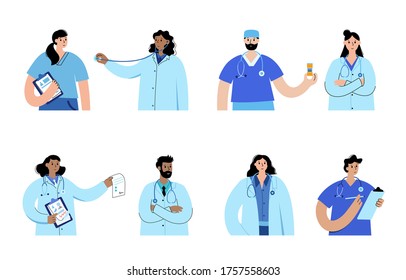 Set of different isolated medical specialists. Team of doctors is ready to help patients in clinics, hospitals. Flat vector illustration. Countering epidemic. Adult male and female cartoon characters