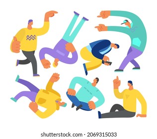 Set of different isolated men in different poses. Sits, points, runs, looks at a smartphone, stands and other poses. Vector flat illustration