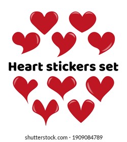 Set of different isolated red hearts with glare. Isolated volumetric love symbols. Variety shapes colored collection. Vector template elements for your design