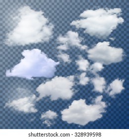 Set Of Different Isolated Vector Clouds On Transparent Background.