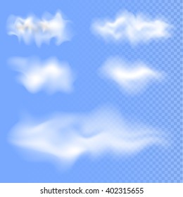 Set of different isolated vector clouds on transparent background. Clouds on the Sky. Vector Illustration