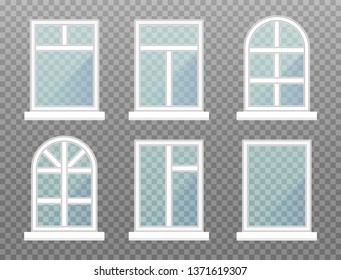 Set of different isolated window frames. Frontstore windows with blue glasses. Exterior building facade elements on transparent background. Vector illustration.