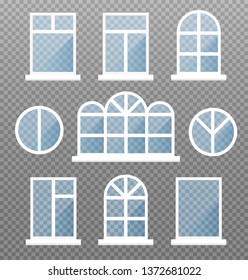 Set of different isolated window frames. Frontstore windows with blue glasses. Exterior building facade elements on transparent background. Vector illustration.