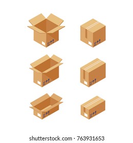 Set of different isometric cardboard boxes isolated on white. Close and open, different size. Vector flat illustration.