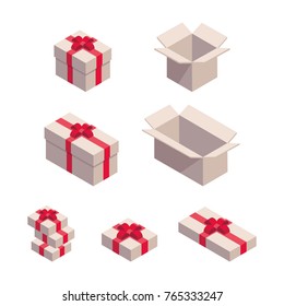 Set of different isometric festive cardboard boxes isolated on white. Close and open, different size. Vector flat illustration.