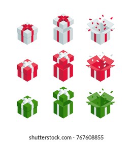 Set of different isometric festive cardboard boxes isolated on white. Close and open, different size. Vector flat illustration.