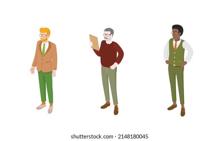 Set of different isometric people on white. Vector illustration flat design isolated. Male and female characters. Office and casual clothes.