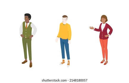 Set of different isometric people on white. Vector illustration flat design isolated. Male and female characters. Office and casual clothes.