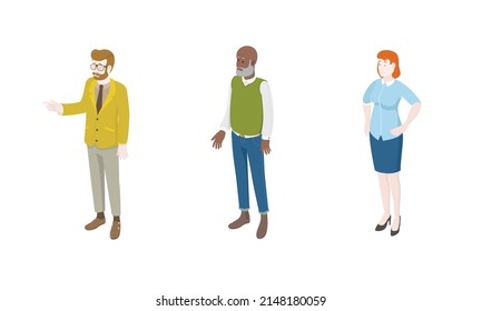 Set of different isometric people on white. Vector illustration flat design isolated. Male and female characters. Office and casual clothes.