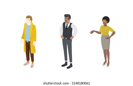 Set of different isometric people on white. Vector illustration flat design isolated. Male and female characters. Office and casual clothes.