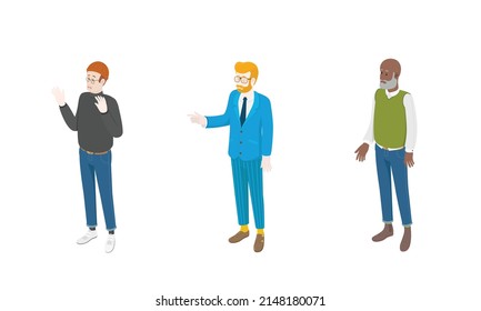 Conjunto de diferentes personas isométricas sobre blanco. Diseño plano de ilustración vectorial aislado. Personajes masculinos y femeninos. Ropa de oficina y ropa informal.