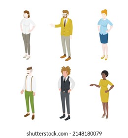 Set of different isometric people on white. Vector illustration flat design isolated. Male and female characters. Office and casual clothes.