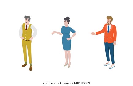 Set of different isometric people on white. Vector illustration flat design isolated. Male and female characters. Office and casual clothes.