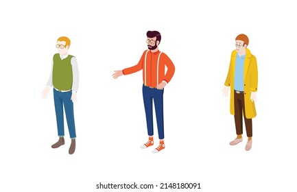 Set of different isometric people on white. Vector illustration flat design isolated. Male and female characters. Office and casual clothes.