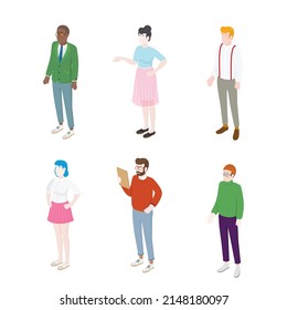 Set of different isometric people on white. Vector illustration flat design isolated. Male and female characters. Office and casual clothes.