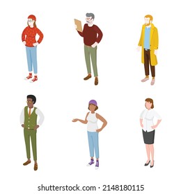 Set of different isometric people on white. Vector illustration flat design isolated. Male and female characters. Office and casual clothes.