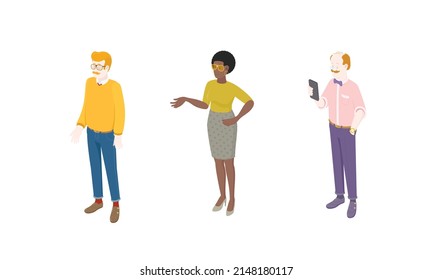 Set of different isometric people on white. Vector illustration flat design isolated. Male and female characters. Office and casual clothes.