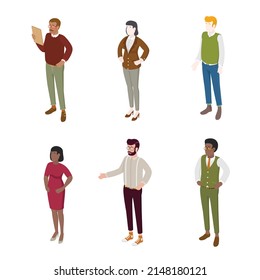 Set of different isometric people on white. Vector illustration flat design isolated. Male and female characters. Office and casual clothes.