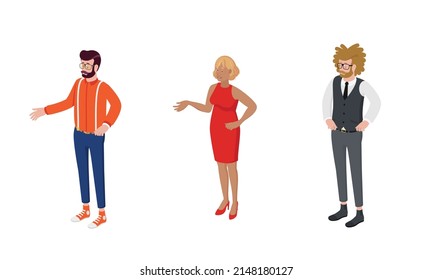 Set of different isometric people on white. Vector illustration flat design isolated. Male and female characters. Office and casual clothes.