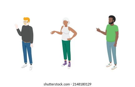 Set of different isometric people on white. Vector illustration flat design isolated. Male and female characters. Office and casual clothes.