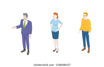 Set of different isometric people on white. Vector illustration flat design isolated. Male and female characters. Office and casual clothes.