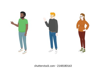 Set of different isometric people on white. Vector illustration flat design isolated. Male and female characters. Office and casual clothes.