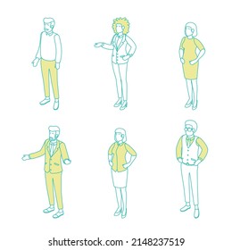 Set of different isometric people on white. Vector illustration flat design isolated. Male and female characters. Office and casual clothes. Outline, linear style, line art.