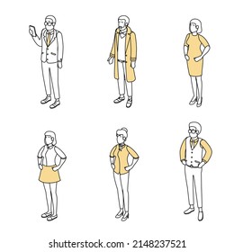 Set of different isometric people on white. Vector illustration flat design isolated. Male and female characters. Office and casual clothes. Outline, linear style, line art.