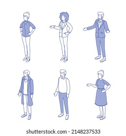 Conjunto de diferentes personas isométricas sobre blanco. Diseño plano de ilustración vectorial aislado. Personajes masculinos y femeninos. Ropa de oficina y ropa informal. Contorno, estilo lineal, arte de línea.