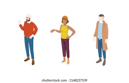 Set of different isometric people on white. Vector illustration flat design isolated. Male and female characters. Office and casual clothes.