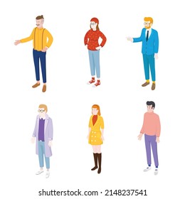 Set of different isometric people on white. Vector illustration flat design isolated. Male and female characters. Office and casual clothes.