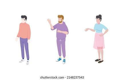 Set of different isometric people on white. Vector illustration flat design isolated. Male and female characters. Office and casual clothes.