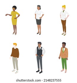 Set of different isometric people on white. Vector illustration flat design isolated. Male and female characters. Office and casual clothes.