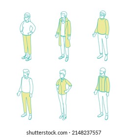 Set of different isometric people on white. Vector illustration flat design isolated. Male and female characters. Office and casual clothes. Outline, linear style, line art.