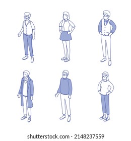 Set of different isometric people on white. Vector illustration flat design isolated. Male and female characters. Office and casual clothes. Outline, linear style, line art.