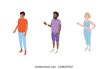 Set of different isometric people on white. Vector illustration flat design isolated. Male and female characters. Office and casual clothes.