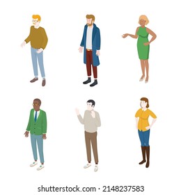 Set of different isometric people on white. Vector illustration flat design isolated. Male and female characters. Office and casual clothes.