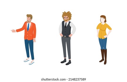 Set of different isometric people on white. Vector illustration flat design isolated. Male and female characters. Office and casual clothes.