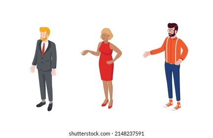 Set of different isometric people on white. Vector illustration flat design isolated. Male and female characters. Office and casual clothes.
